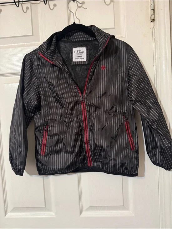 Old Navy Black Pinstripe Kid's Rain Jacket with Red Accents
