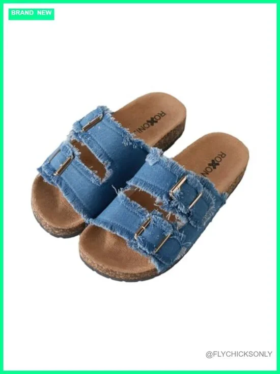 Women's Suede Flat Sandals with Double Buckle Adjustable Straps