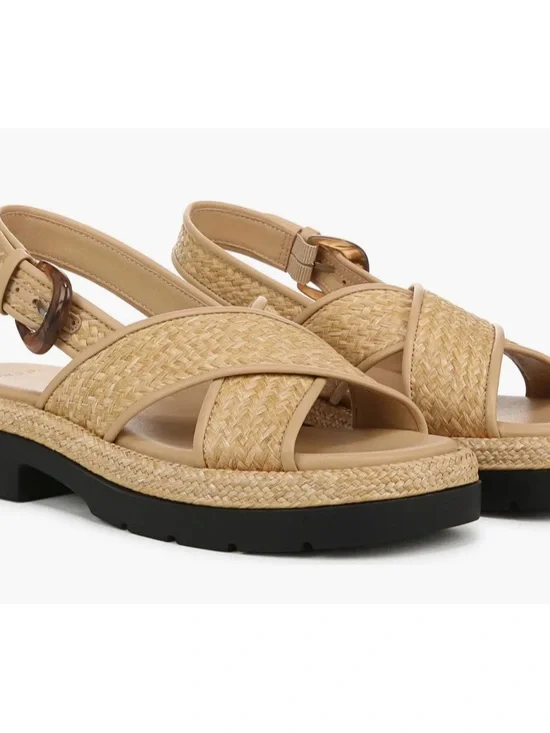 Vince Beige Woven Raffia Slingback Sandals with Black Lug Sole
