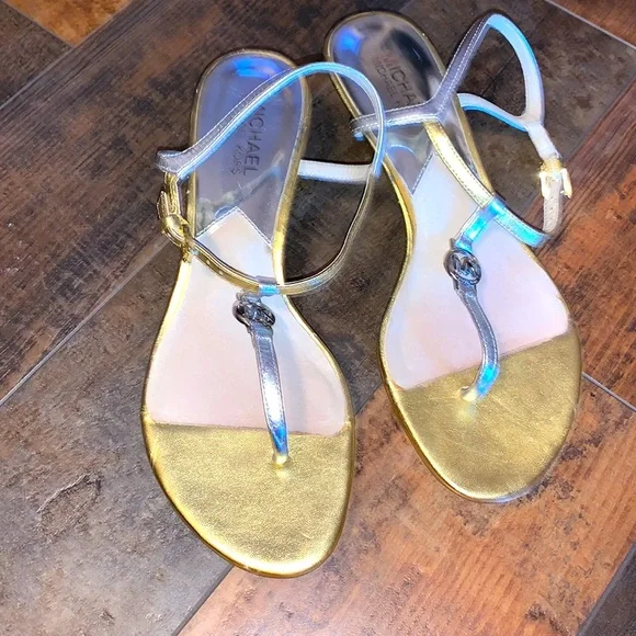 Michael Kors Gold Metallic T-Strap Sandals