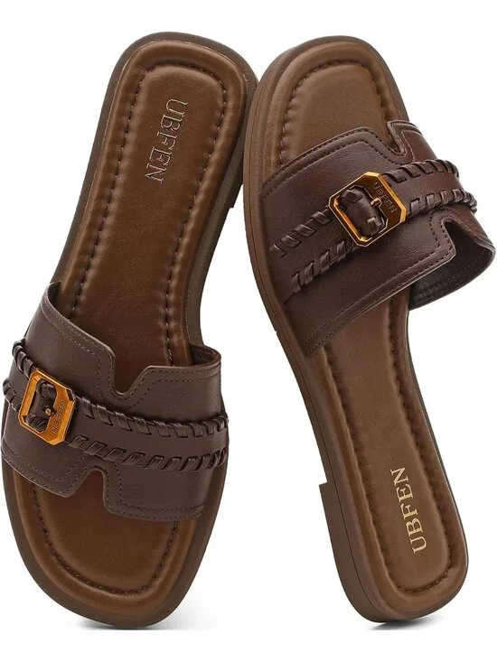Women's Dark Brown Square Toe Flat Sandals Slides Dressy Comfortable for Casual