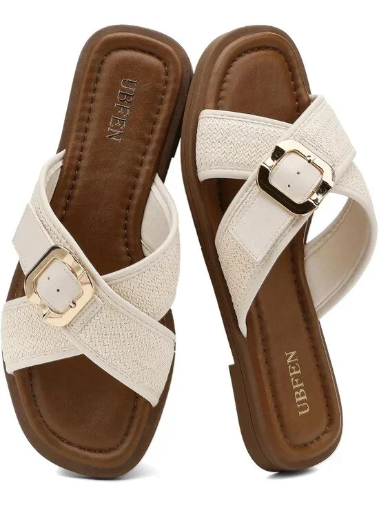 Women's White Square Toe Flat Sandals Slides Dressy Comfortable for Casual