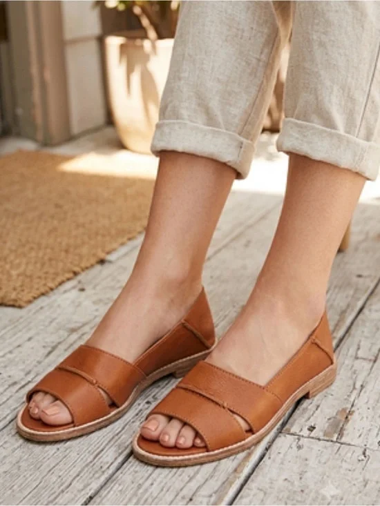 Kelsie Dagger - 10, Open-Toe Brown Women's Sandals, Flats, genuine leather