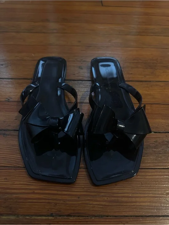 BCBGeneration Black Bow Jelly Square-Toe Slide Sandals