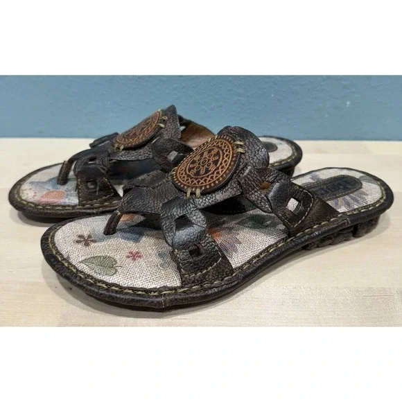 Born Josefina Sandals Women's 7M Brown leather Thong Open Toe 1# Wedge Slip on