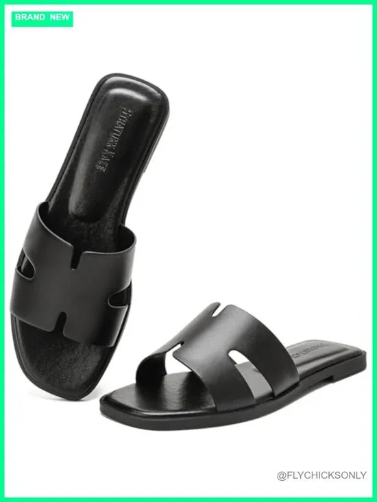 Women's Faux Leather Open Toe Flat Slide Sandals
