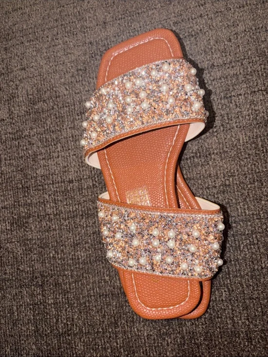 SHEIN Pearl & Rhinestone Double-Band Sandals - Brown