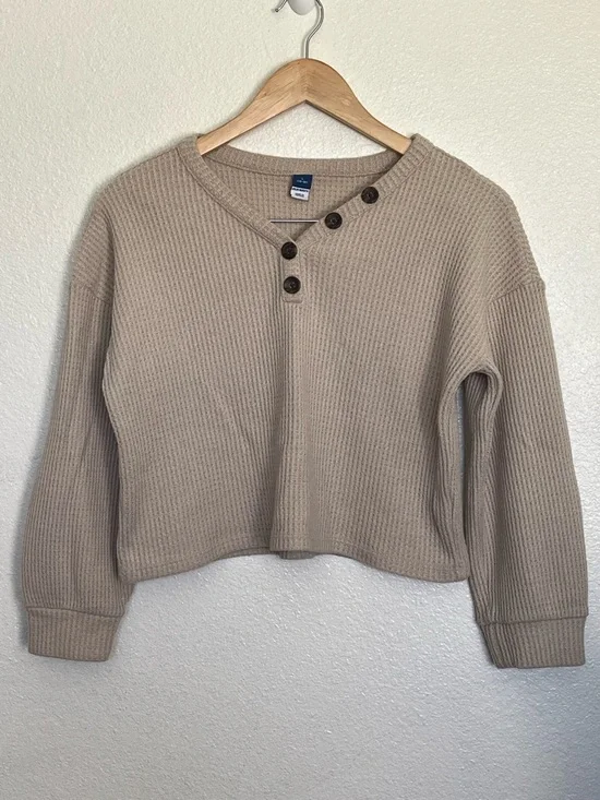 Old navy Cozy Waffle Knit Button Henley Long Sleeve Crop-Length Top Taupe L10-12