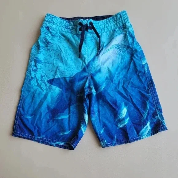 Boys Old Navy Aqua Blue Sharks Swim Trunks Shorts Size M (8)