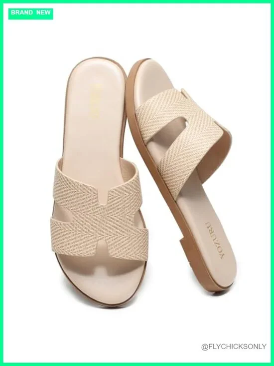 Leather Flat Sandals Slip On Open Toe Dressy Summer Slide Sandals Comfortable