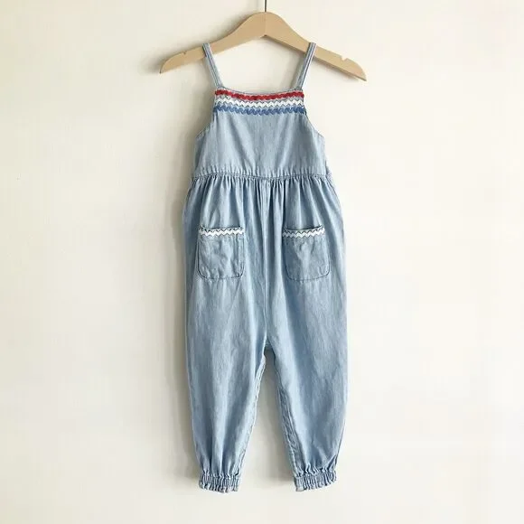 Old Navy Chambray Jumpsuit Baby Girl 18-24M Blue Sleeveless Ric Rac 4th of July