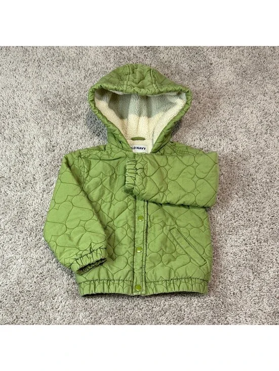 Old Navy 5T Green Quilted Hooded Jacket with Sherpa Lining
