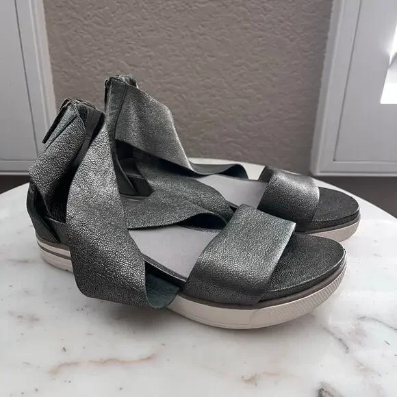 Eileen Fisher Sport Tumbled Leather Sneaker Sandal Metallic Silver Gray 6.5 Zip