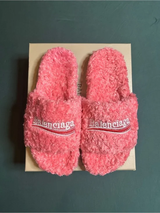 Balenciaga Pink Fuzzy Slide Slippers