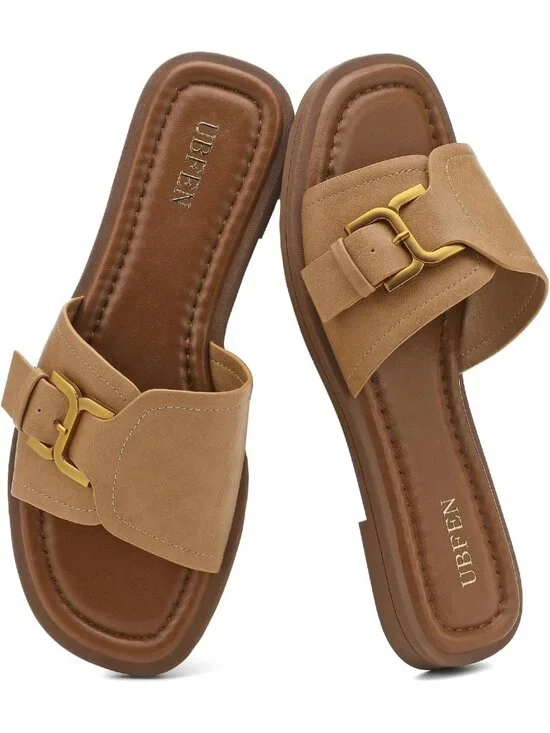 Women's Light Brown Square Toe Flat Sandals Slides Dressy Comfortable for Casual
