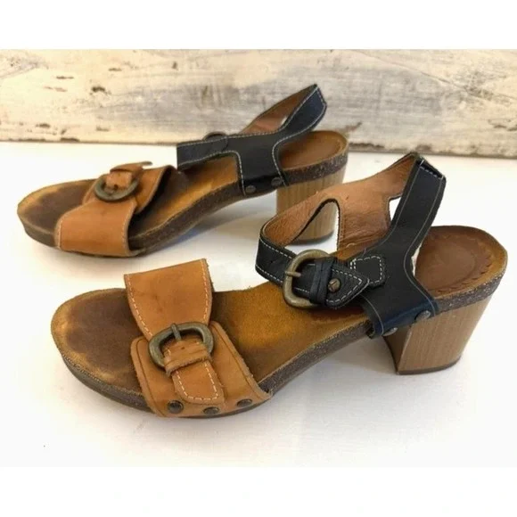 Pikolinos Sandals Womens Tan Black Leather‎ Strappy Buckle Block Heel Shoes