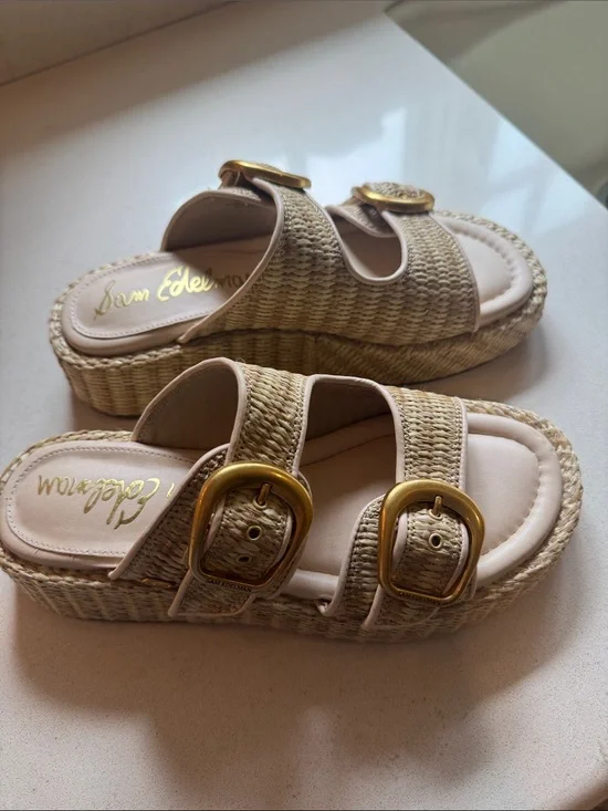 Sam Edelman Beige Woven Platform Slide Sandals with Gold Buckles