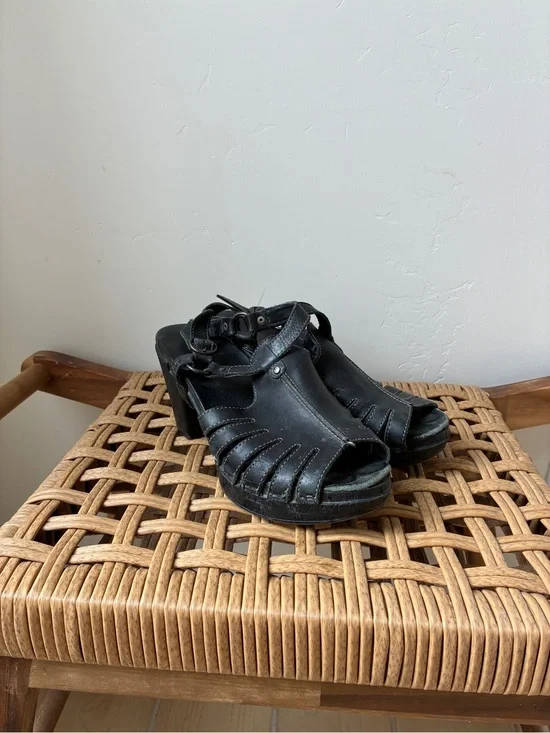 Dansko Black Leather Open-Toe Sandal Heels