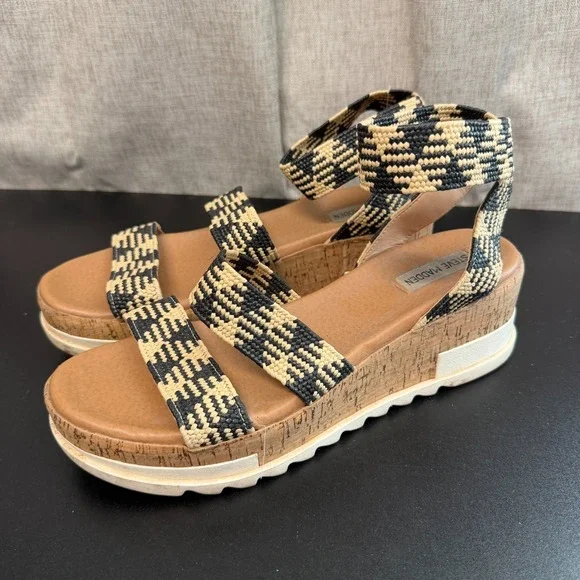 Steve Madden Bandi Platform Wedge Sandals Women's 11M Black‎ Tan Elastic Straps