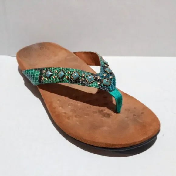 Vionic Floriana Thong Sandal-Size 8W-Faux Snakeskin-Beaded-Arch Support-Comfort