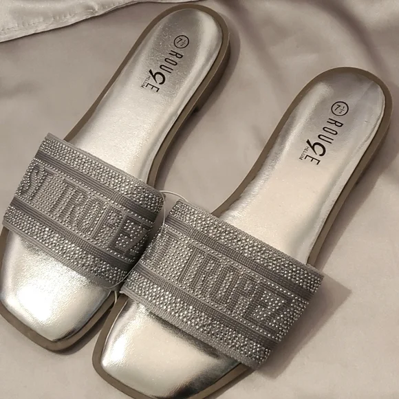 SILVER RHINESTONES ROUGE HELIUM ST TROPEZ LOGO SLIDES