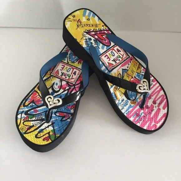 Brighton Julia Flip Flops Sandals Thongs Colorful Platform Graffiti Women's 8