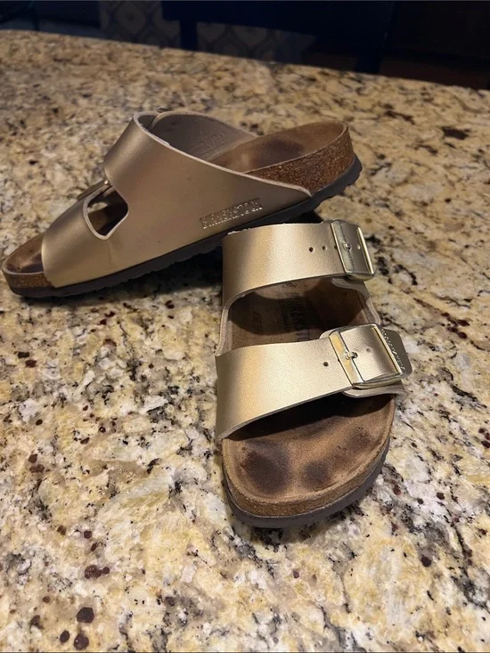 Birkenstock Metallic Gold Double-Buckle Slide Sandals size 39