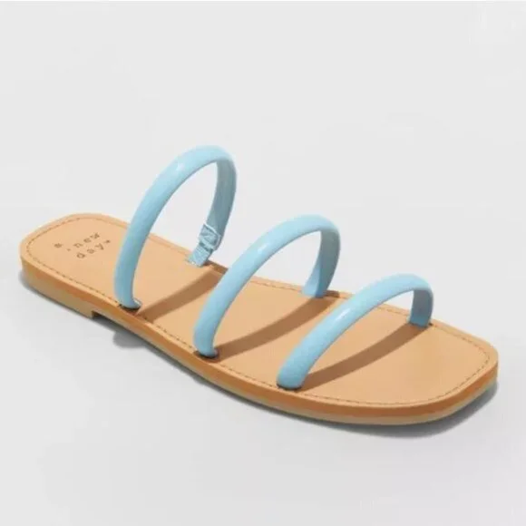 A New Day Womens Sandals Size 9 Blue Triple Strap Flat Slide Summer Shoe