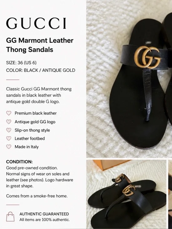 Gucci Black Leather Thong Sandals with Antique Gold Double G