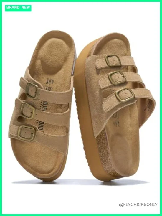 Genuine Leather Platform Wedge Sandals with Memory Foam - Non-Slip