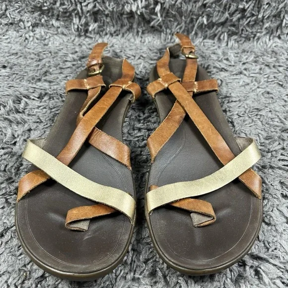 OluKai Upena Strappy Sandals Size 9 Brown Leather Flat Adjustable Ankle Strap
