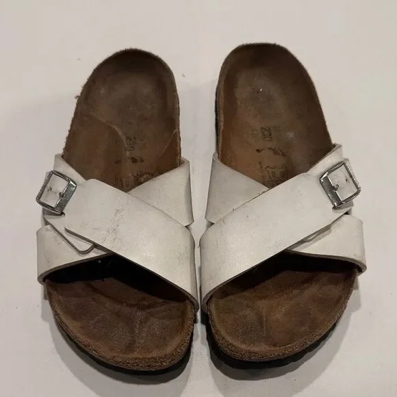 Birkenstock White Cross-Strap Sandals with Silver Buckles