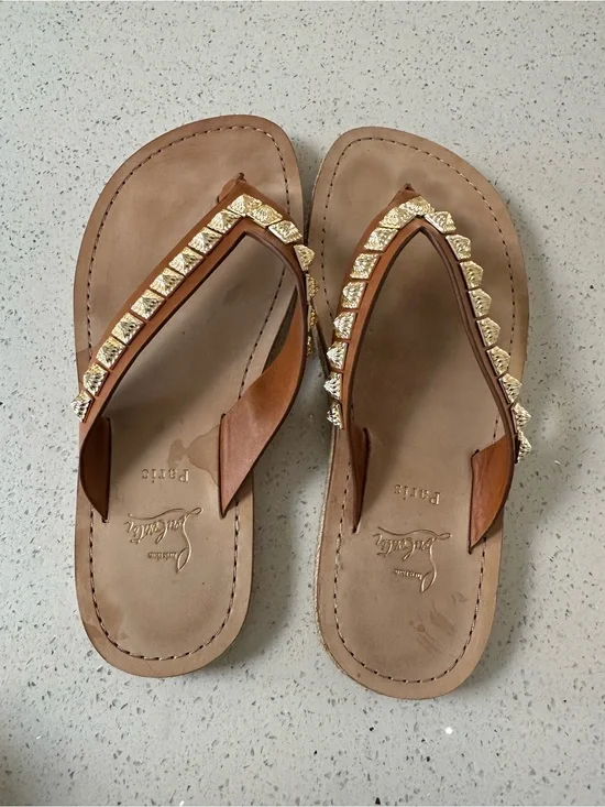 Christian Louboutin Brown Leather Sandal Thong with Gold Studs