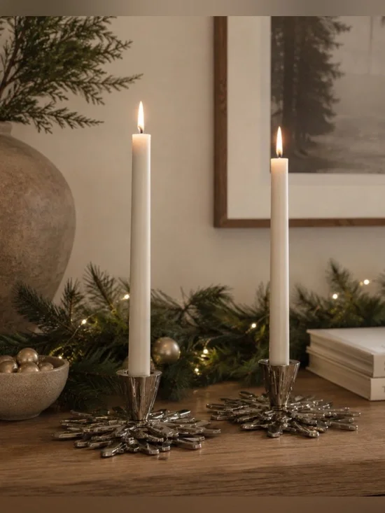 Set 2 Crate & Barrel Silver Snowflake Candle Holder Christmas Decor Modern Metal