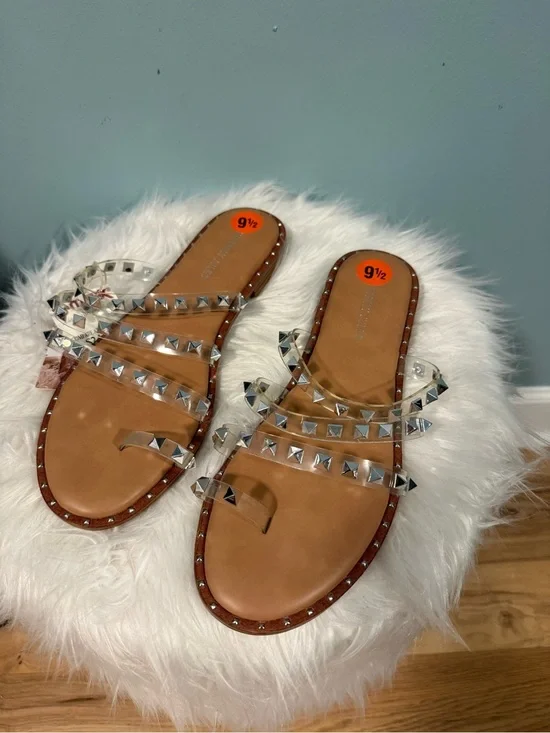 Sincerely Jules Tan Slide Sandals with Clear Studded Straps