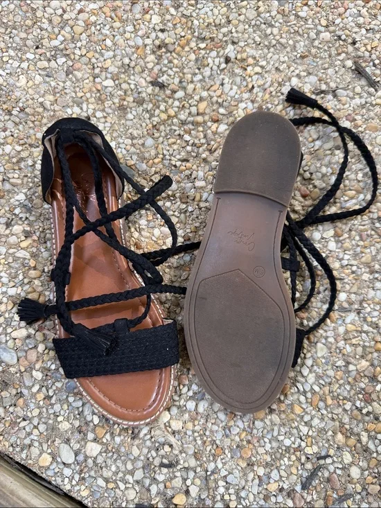 Crown Vintage Black Braided Lace-Up Flat Sandals