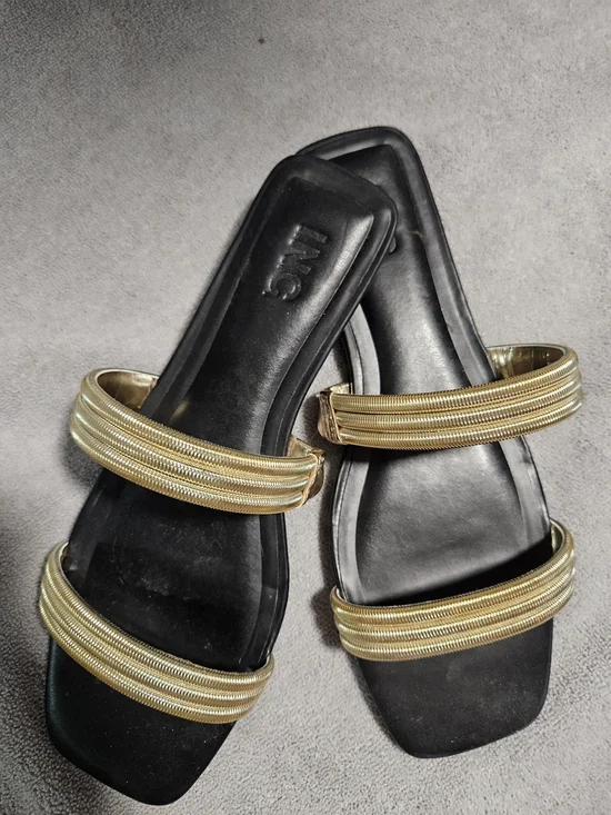 INC International Concepts Black Slide Sandals with Gold Straps