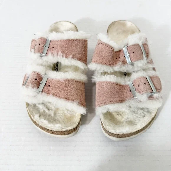 Birkenstock Arizona Shearling Pink Suede Two Strap Slide Sandals Womens Size 5