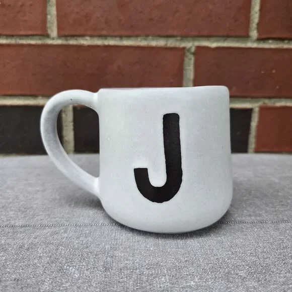 Crate & Barrel Mug Monogram J Handcrafted Artisan Stoneware Portugal Gray Black