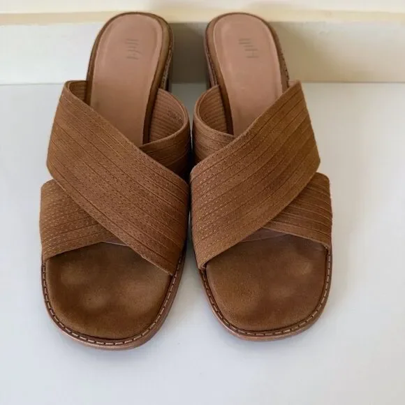 J.JILL Slide Block Heel Womens Sandals Sz 9.5 brown Wide X Strap Minimalist