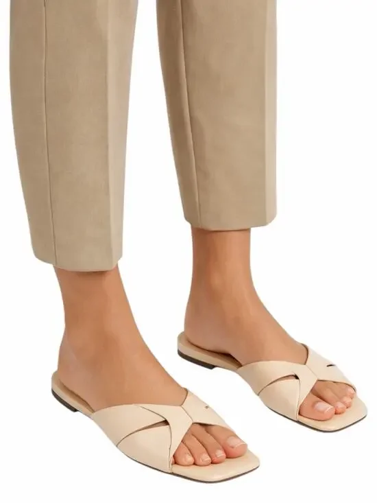 Theory Twisted Leather Sandal Slide Open Toe Beige Women Size 38