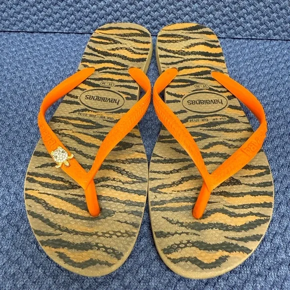 Havaianas Tiger Stripe‎ Flip Flops with Rhinestone Turtle and Orange Straps