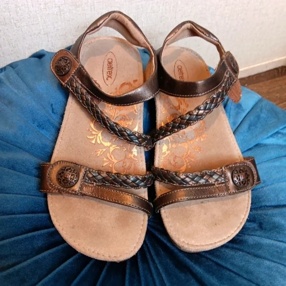 Aetrex Jillian Walnut Dark Brown Leather Sandals Size 6