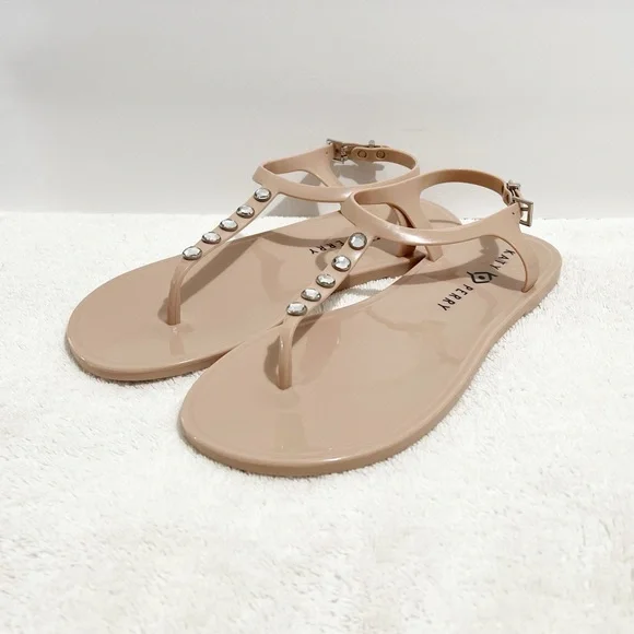 Katy Perry Jelly Stud Sandals Taupe Rhinestone Slingback Beachy Coquette 8