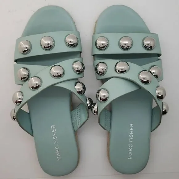 Marc Fisher Women Sandal Prisca Slip On Studded Espadrille Blue Size 6