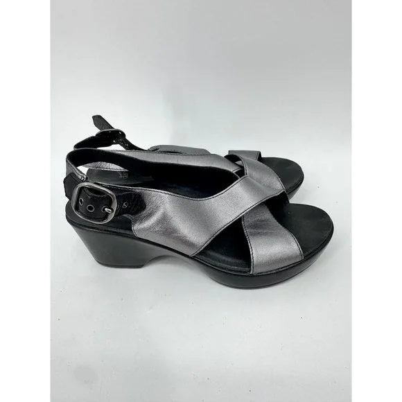 Dansko Sandal Women 37 Silver Metallic Leather Platform Wedge Slingback