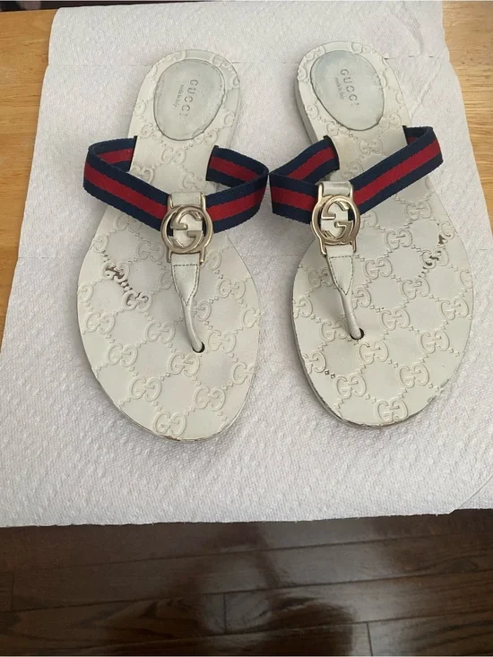 Gucci White Sandal with Red and Blue Web Stripe and Gold Hardware