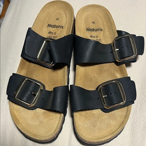 Natura women’s Black Sandals with Gold Buckles NEW