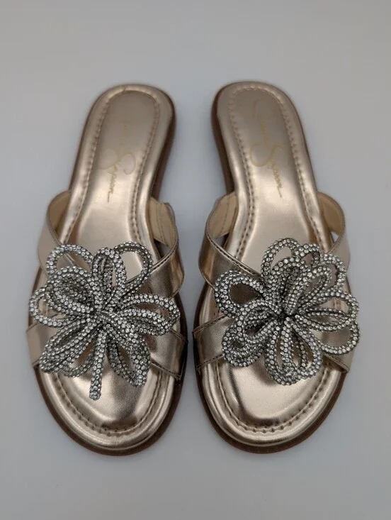 Jessica Simpson Fordin Metallic Gold Rhinestone Flower Sandals Flip Flop 7M