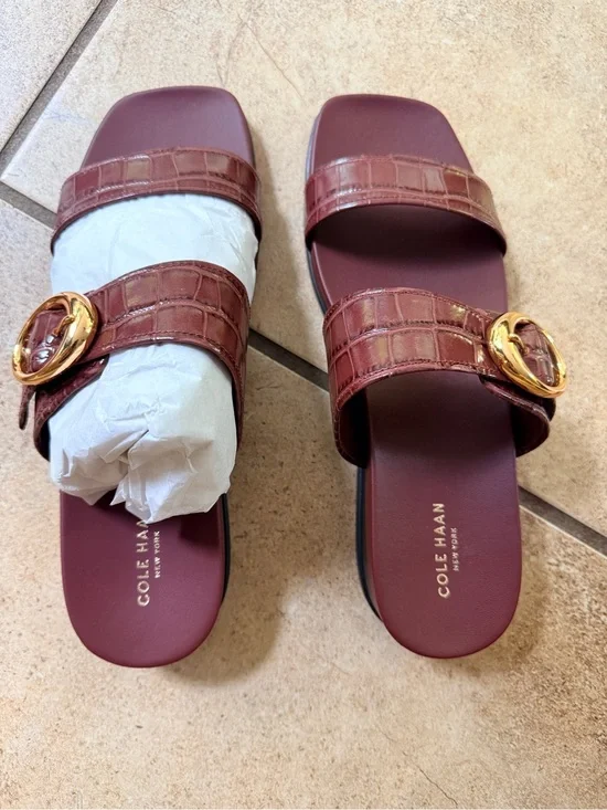 Cole Haan Wine Croc-Embossed Slide Sandals with Gold Buckle Detail